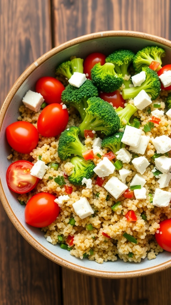 A vibrant quinoa salad with broccoli, cherry tomatoes, and feta cheese, garnished with parsley.